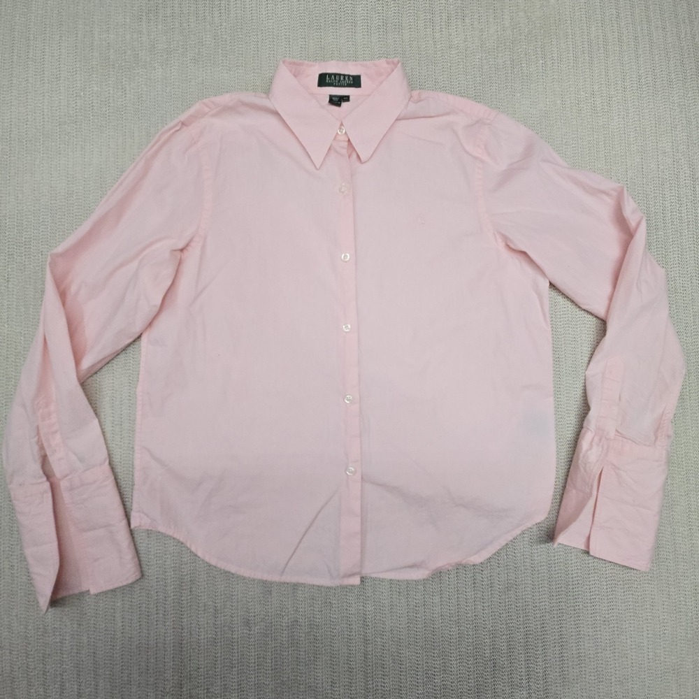 Lauren Ralph Lauren Shirt Womens Large Petite Pink Button Up Long Sleeve Cotton